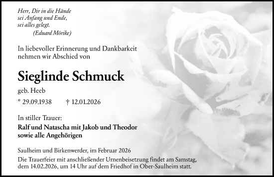 Traueranzeige von Sieglinde Schmuck von Allgemeine Zeitung Alzey