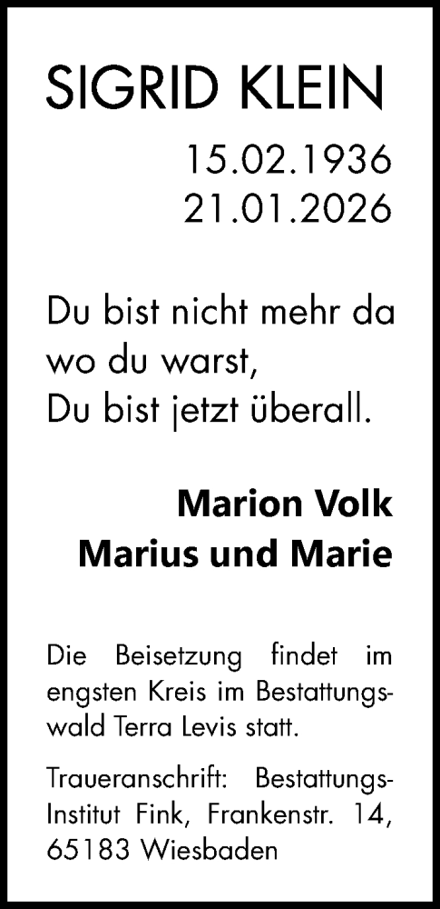  Traueranzeige für Sigrid Klein vom 07.02.2026 aus Wiesbadener Kurier