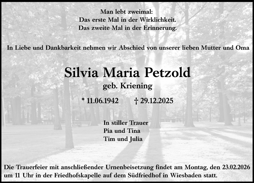 Traueranzeige für Silvia Maria Petzold vom 14.02.2026 aus Wiesbadener Kurier