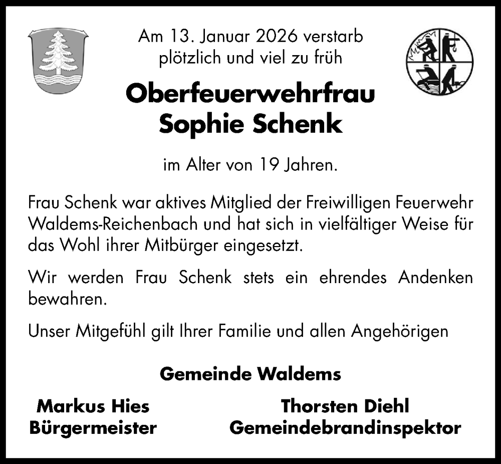  Traueranzeige für Sophie Schenk vom 05.02.2026 aus Camberger Anzeiger