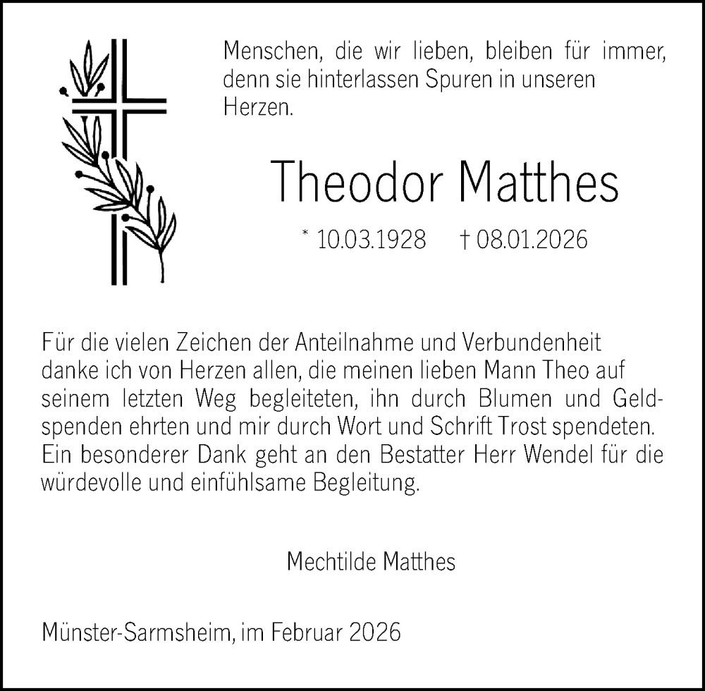  Traueranzeige für Theodor Matthes vom 14.02.2026 aus Binger-/Ingelheimer Wochenblatt
