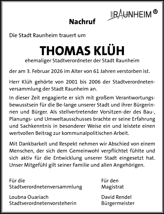 Traueranzeige von Thomas Klüh von Rüsselsheimer Echo