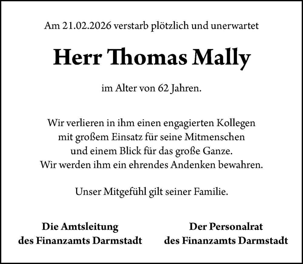  Traueranzeige für Thomas Mally vom 28.02.2026 aus Darmstädter Echo