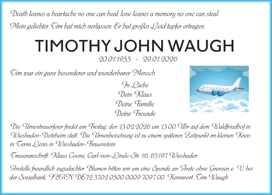 Traueranzeige von Timothy John Waugh von Wiesbadener Kurier
