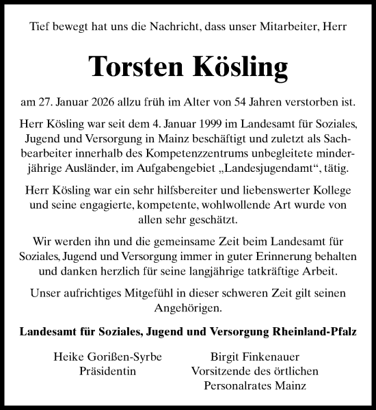 Traueranzeige von Torsten Kösling von Allgemeine Zeitung Rheinhessen-Nahe