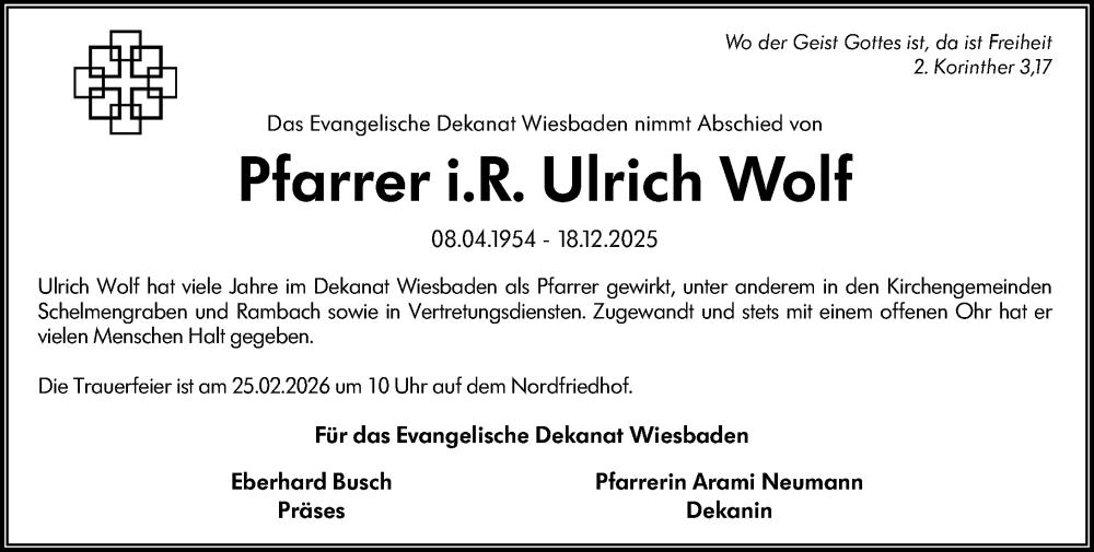  Traueranzeige für Ulrich Wolf vom 21.02.2026 aus Wiesbadener Kurier