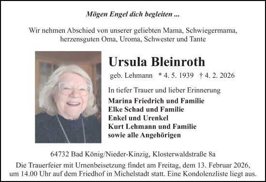Traueranzeige von Ursula Bleinroth von Odenwälder Echo
