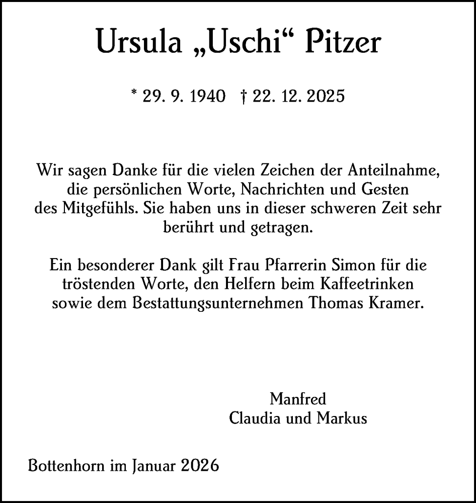  Traueranzeige für Ursula Pitzer vom 03.02.2026 aus Hinterländer Anzeiger