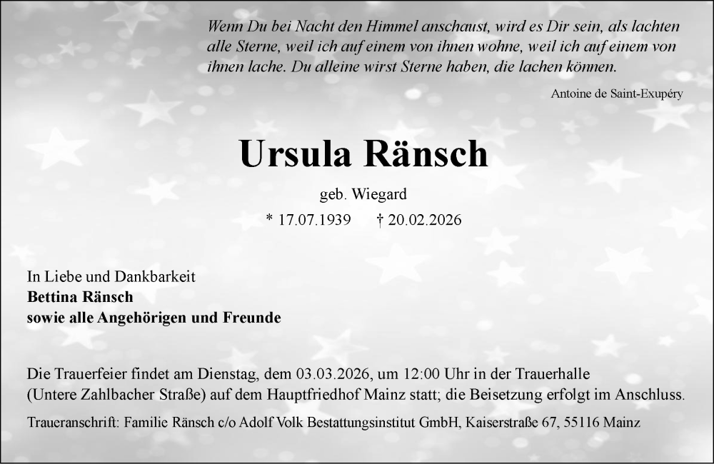  Traueranzeige für Ursula Ränsch vom 28.02.2026 aus Allgemeine Zeitung Mainz