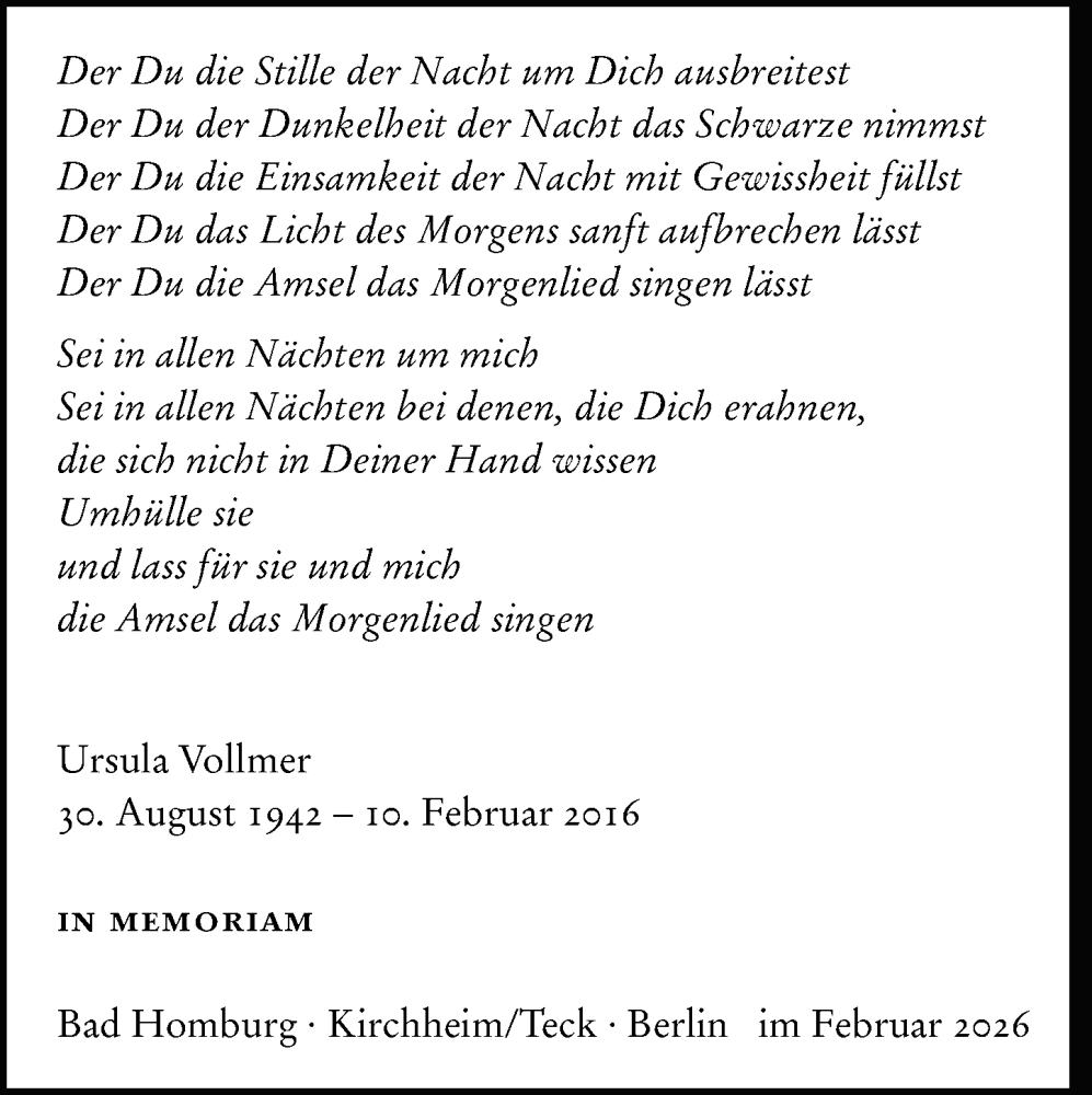  Traueranzeige für Ursula Vollmer vom 10.02.2026 aus Dill Block
