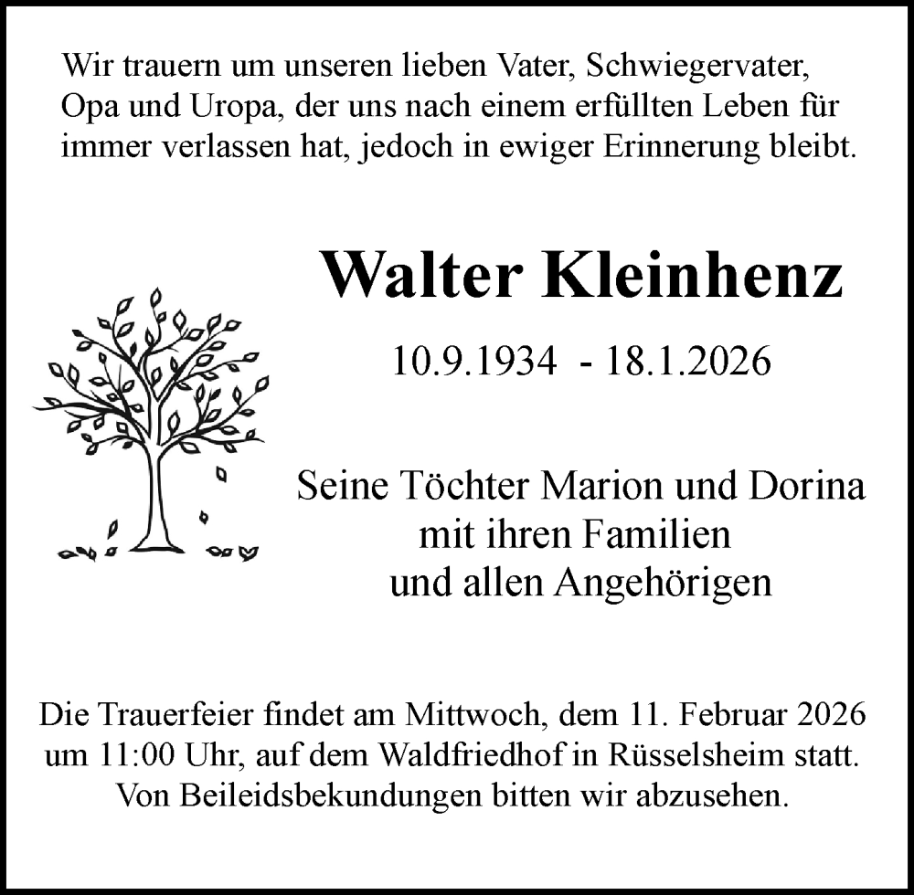  Traueranzeige für Walter Kleinhenz vom 07.02.2026 aus Rüsselsheimer Echo