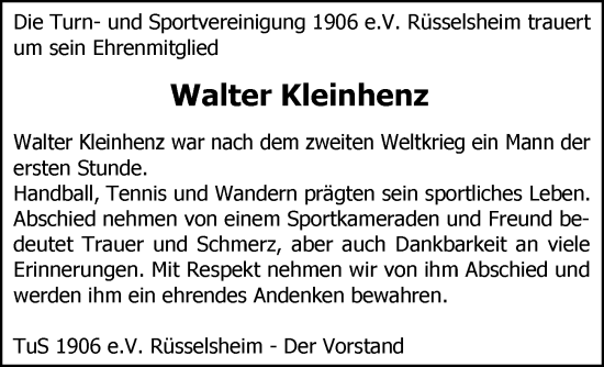 Traueranzeige von Walter Kleinhenz von Rüsselsheimer Echo