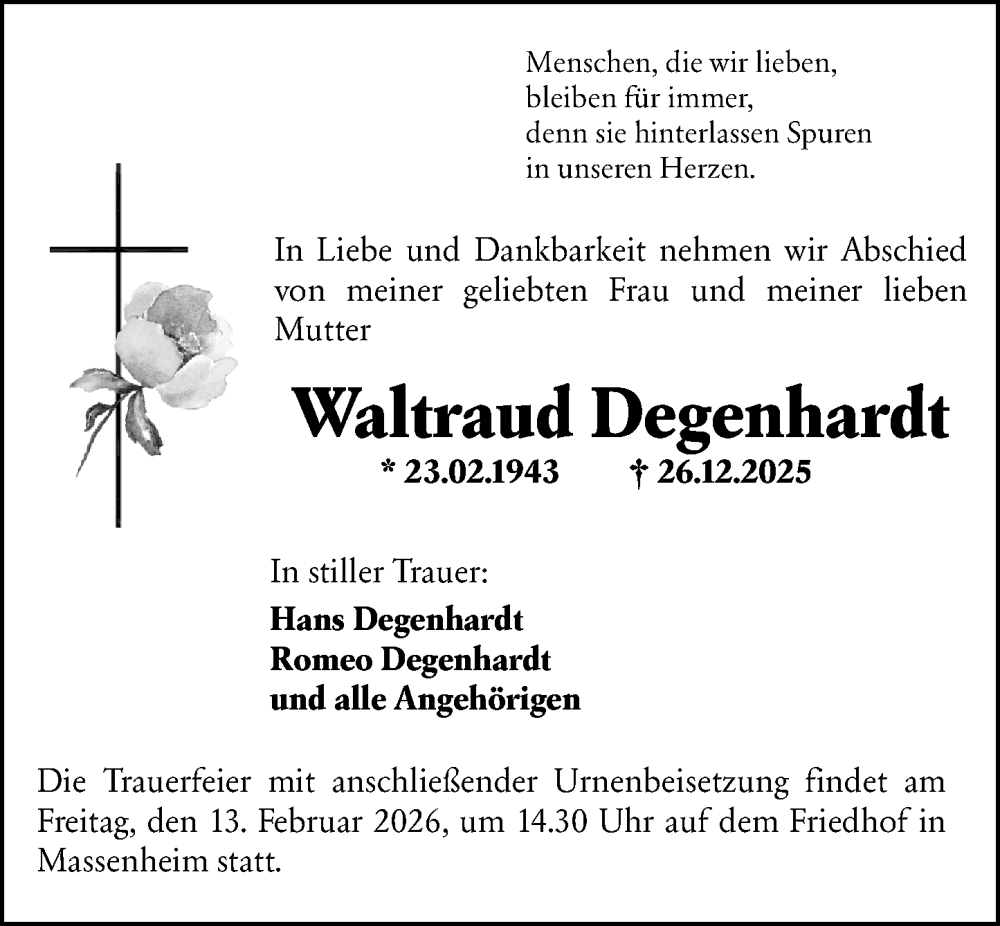  Traueranzeige für Waltraud Degenhardt vom 06.02.2026 aus Hochheimer Zeitung
