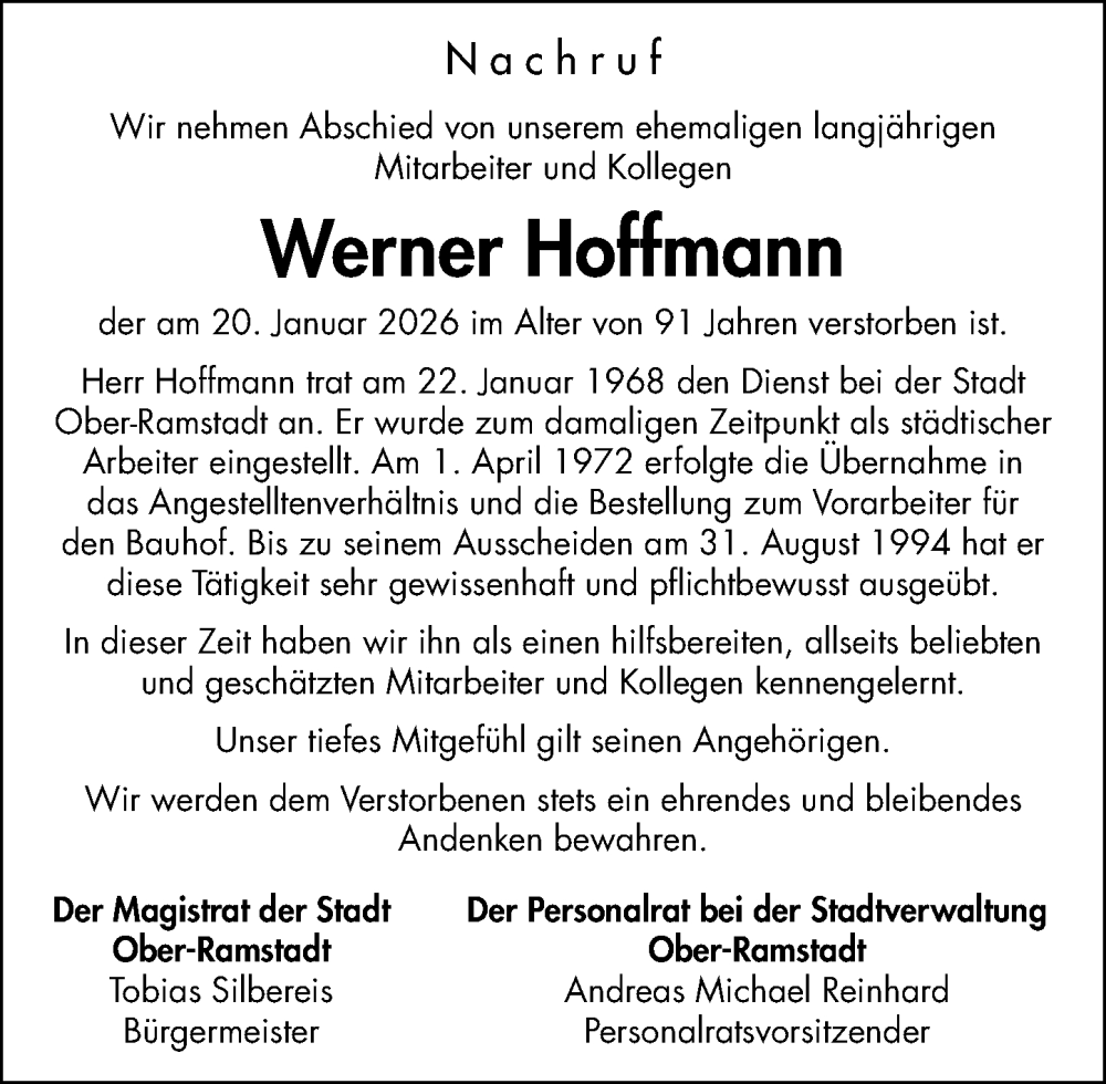  Traueranzeige für Werner Hoffmann vom 07.02.2026 aus Darmstädter Echo