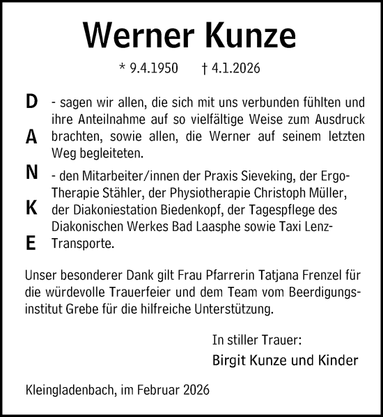 Traueranzeige von Werner Kunze von Hinterländer Anzeiger