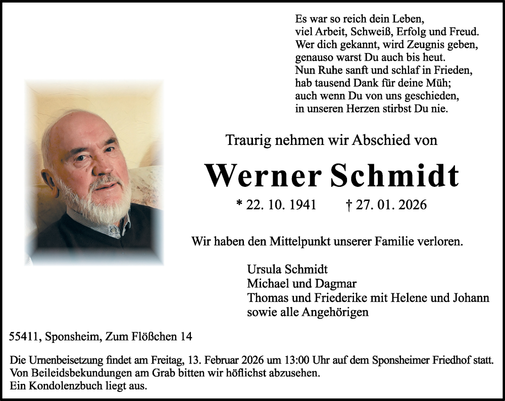  Traueranzeige für Werner Schmidt vom 07.02.2026 aus Binger-/Ingelheimer Wochenblatt