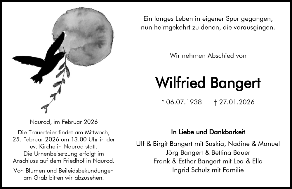  Traueranzeige für Wilfried Bangert vom 07.02.2026 aus Wiesbadener Kurier