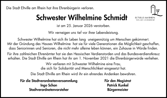 Traueranzeige von Wilhelmine Schmidt von Rheingau Kurier
