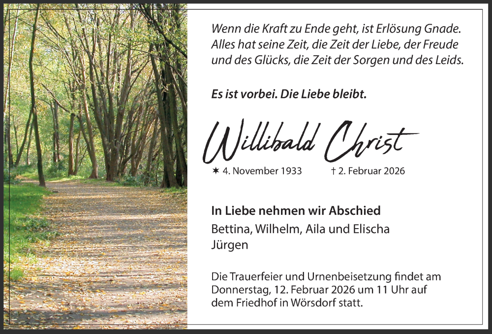  Traueranzeige für Willibald Christ vom 07.02.2026 aus Idsteiner Land/Untertaunus