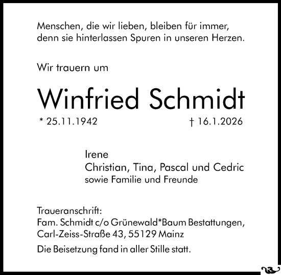 Traueranzeige von Winfried Schmidt von Allgemeine Zeitung Mainz