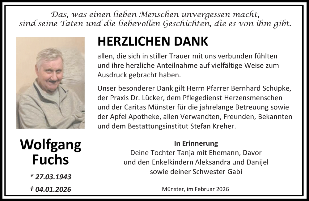  Traueranzeige für Wolfgang Fuchs vom 07.02.2026 aus Dieburger Anzeiger/Groß-Zimmerner Lokal-Anzeiger