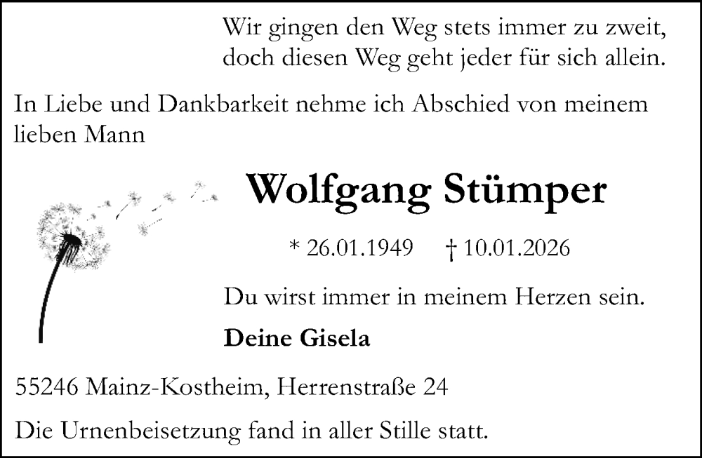  Traueranzeige für Wolfgang Stümper vom 07.02.2026 aus Allgemeine Zeitung Mainz